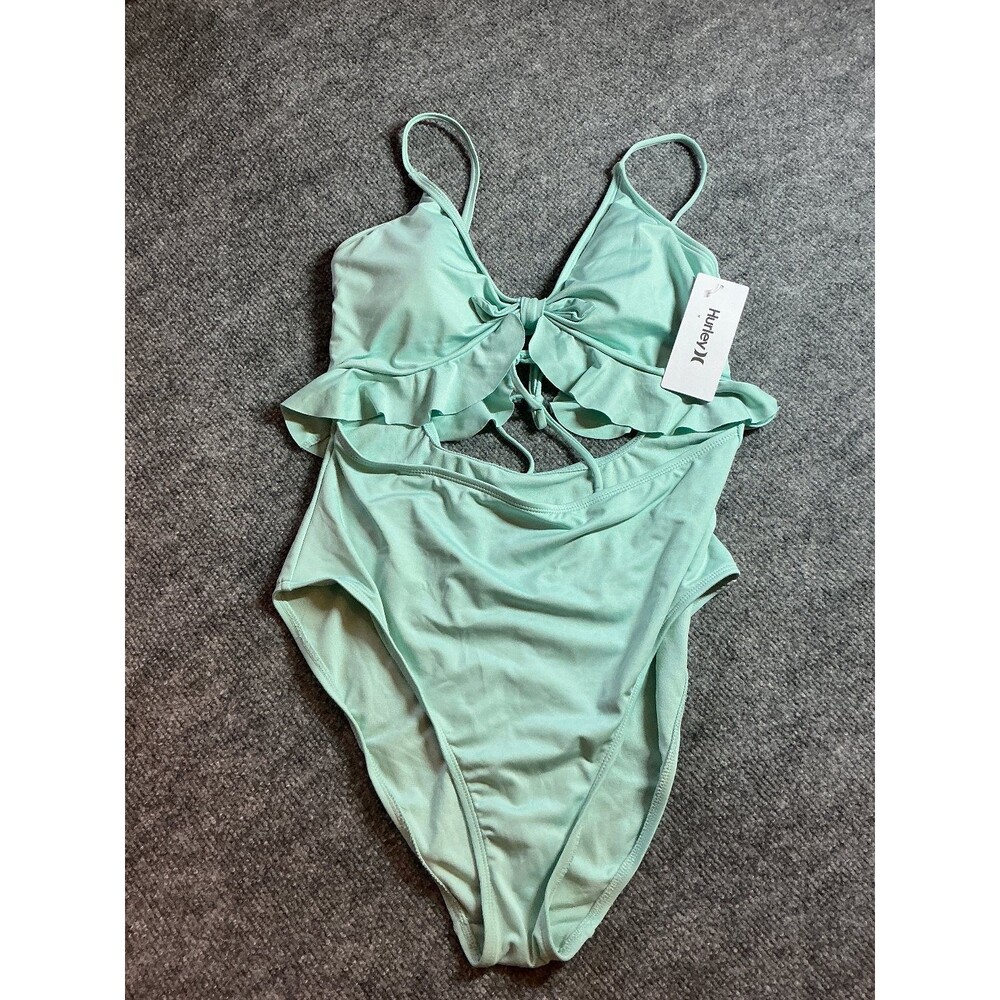 New Hurley Women's Mint Green Ruffle Tie Front Cut Out One Piece Swimsuit XL NWT